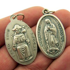 Religious Gifts Silver Toned Base Our Lady of Guadalupe Santo Nino de Atocha Two Sided Medal Pendant, 1 3/8 Inch