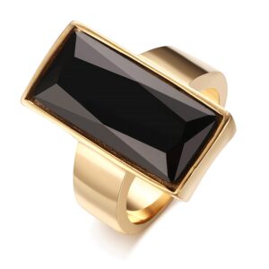 stainless steel gold plated rectangular black glass crystal ring for women,best friend gift,size 9