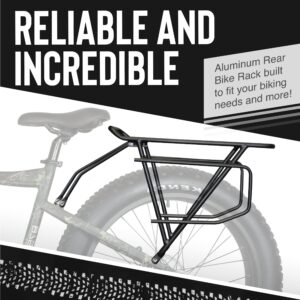 Rambo Bikes Aluminum Bike Rack - Heavy-Duty, Extra-Large Rear Bike Rack for Fat Tire Bikes - 40lbs Maximum Capacity, Lightweight 6061 Aluminum Alloy Frame - Easy to Install on Electric Bikes