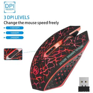 TENMOS K6 Wireless Gaming Mouse, Rechargeable Silent LED Optical Computer Mice with USB Receiver, 3 Adjustable DPI level and 6 Buttons, Auto Sleeping for Laptop/PC/Notebook (Red Light)