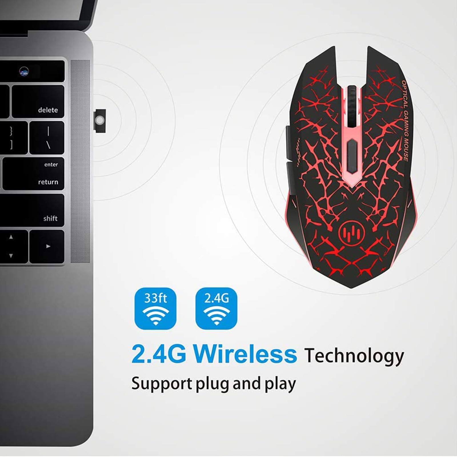 TENMOS K6 Wireless Gaming Mouse, Rechargeable Silent LED Optical Computer Mice with USB Receiver, 3 Adjustable DPI level and 6 Buttons, Auto Sleeping for Laptop/PC/Notebook (Red Light)