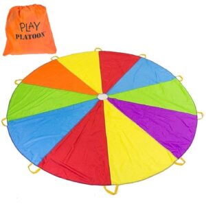 play platoon rainbow parachute toy for kids, kid parachute with handle, 10 ft play parachute game for kids with 10 handles, parachute for kids, pe equipment for elementary school gym class, backyard