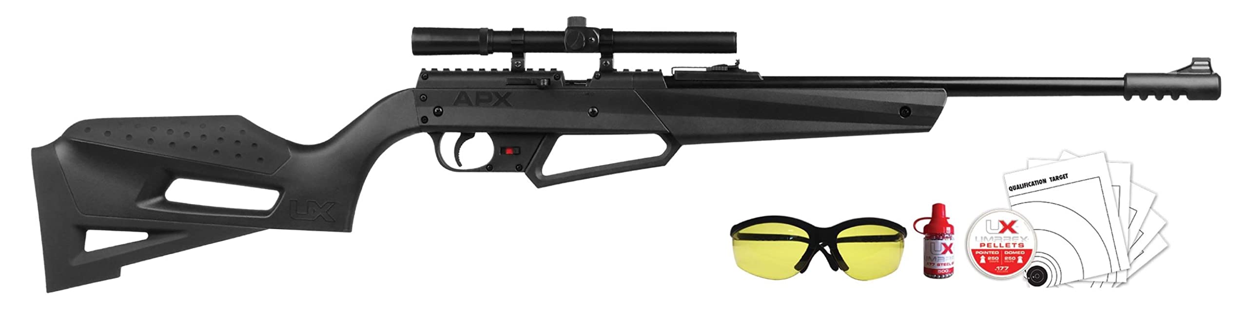 Umarex NXG APX Multi-Pump Pneumatic Youth .177 Caliber Pellet or BB Gun Air Rifle - Includes 4x15mm Scope, Combo Kit (with Glasses, Ammo & Targets), 490 fps