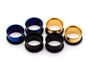 mystic metals body jewelry set of 3 pairs single flare steel tunnels (gold, blue, black) (7/16" (11mm))