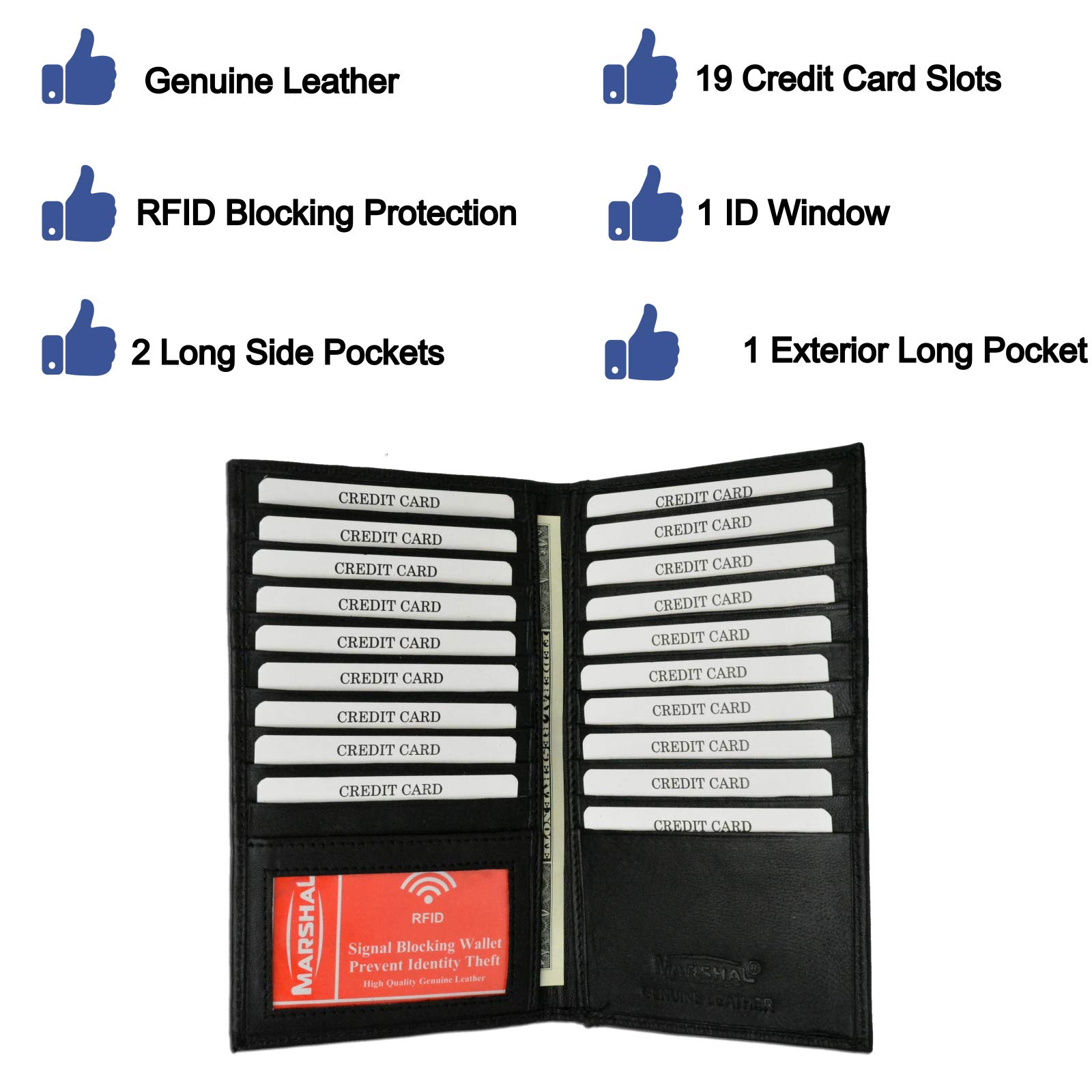 Marshal Bifold Leather RFID Blocking Wallet For Men & Women | Genuine Leather Holder With 19 Slots, 2 Bill Compartments & ID Window For Credit/Debit Cards, Money & More (Black)