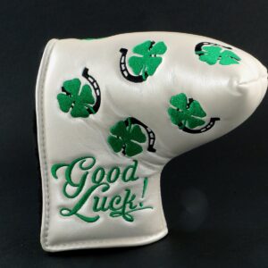 Clover and Horseshoe Headcover for Blade and Midsize Mallet Putter, White, Golf Head Cover