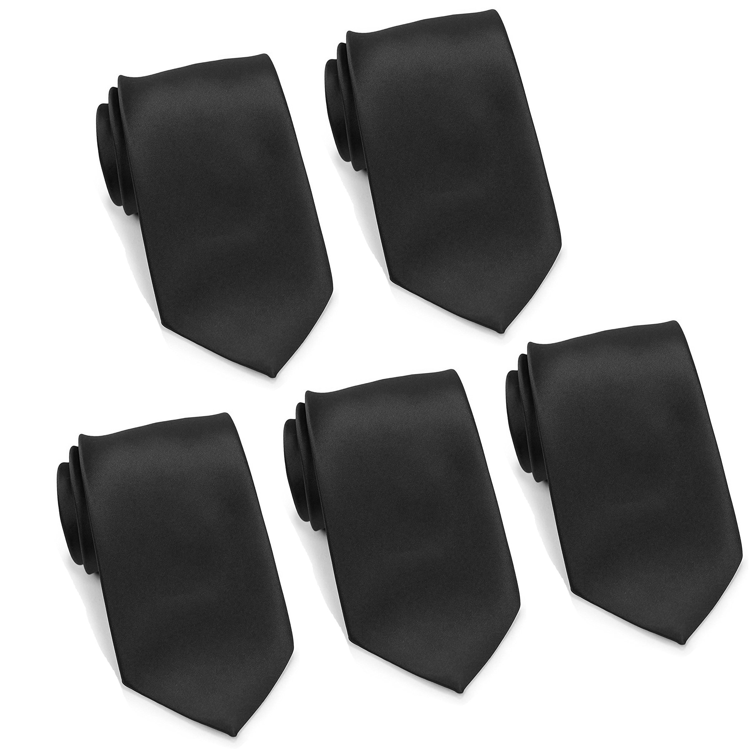 Mens Black Ties Bulk Lot of 5 Mens Solid Color Wedding Ties 3.5" Satin Finish (Black)