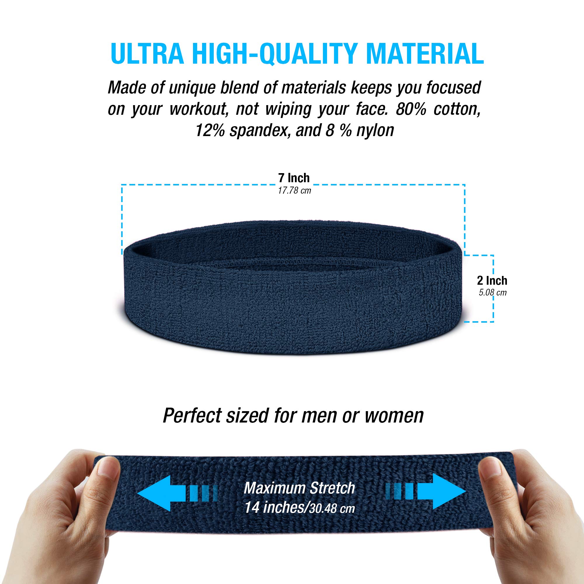 Suddora Workout Headband for Men and Women, Moisture-Wicking Athletic Sweatband, Lightweight Cotton Terry Cloth Bands for Basketball, Tennis, Football, Gym, Running, Cosplay & Costumes (Navy)