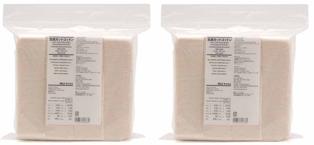 MUJI Makeup Facial Soft Cut Cotton Unbleached 60x50 mm 180pcs　ｘ　2 Packs (Total 360 Sheets) Value Set