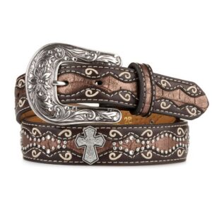 ariat girls belt with rhinestone cross conchos, faux crocodile leather, brown, size 30