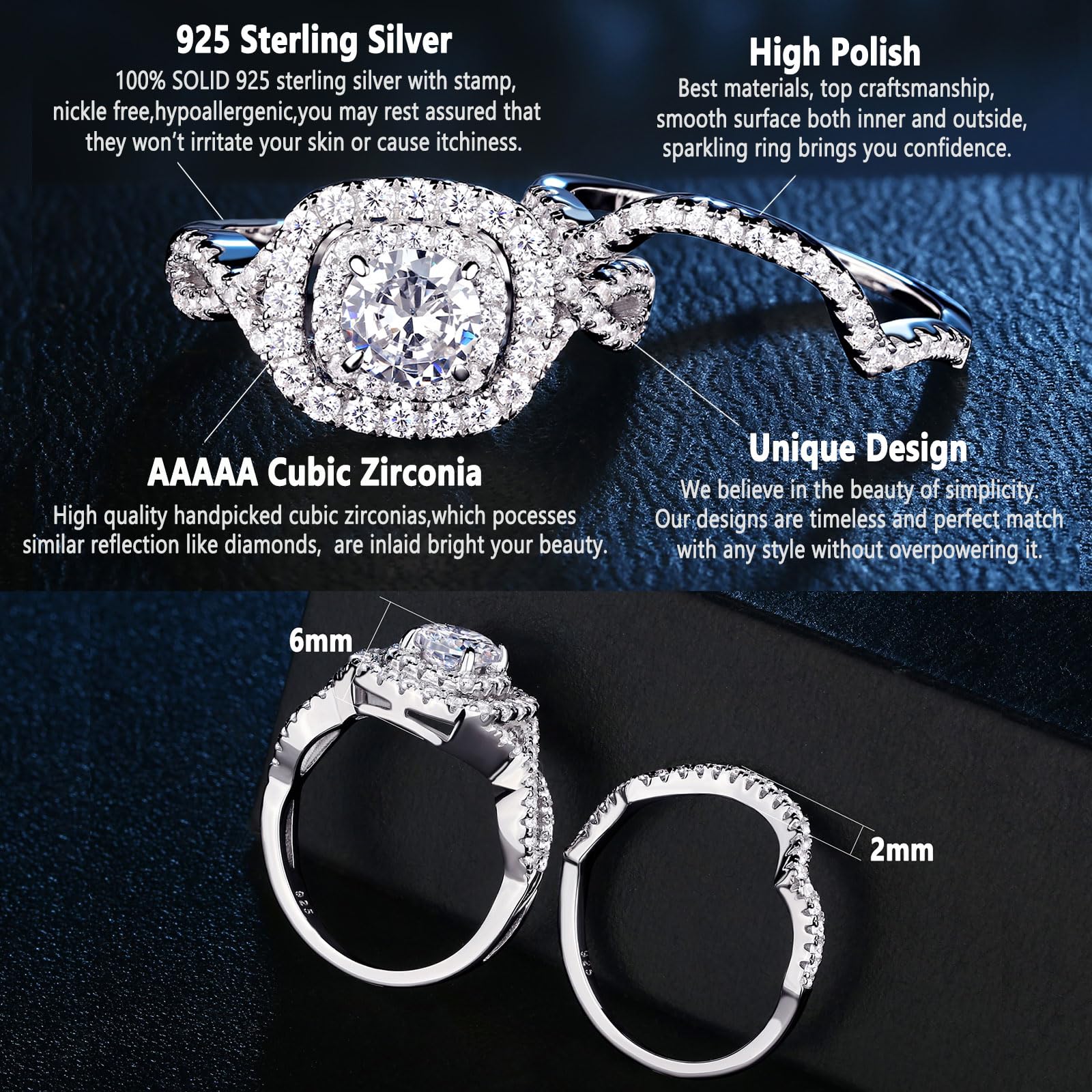 Newshe Wedding Band Engagement Ring Set for Women 925 Sterling Silver 1.8Ct Round White AAAAA Cz Size 7