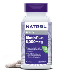 natrol beauty biotin plus lutein 5,000 mcg, dietary supplement to support healthy hair, skin and nails, 60 beauty tablets for adults, 60 day supply