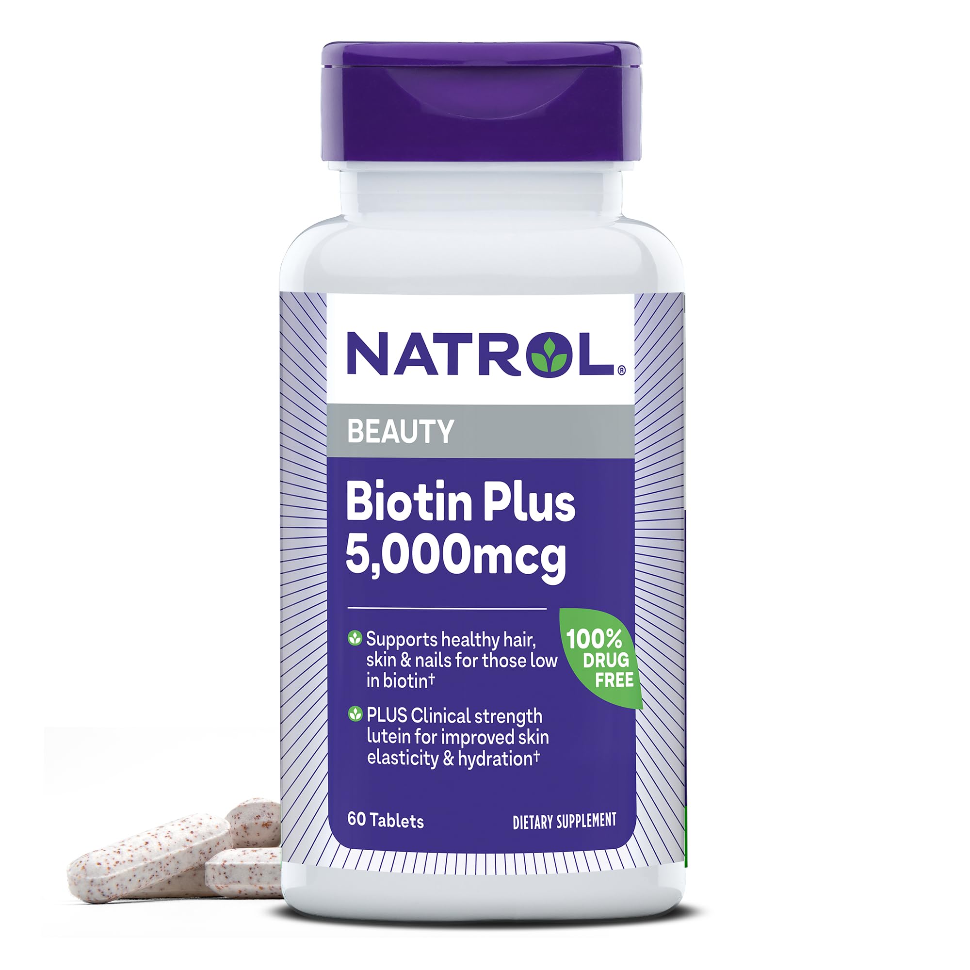 Natrol Beauty Biotin Plus Lutein 5,000 mcg, Dietary Supplement to Support Healthy Hair, Skin and Nails, 60 Beauty Tablets for Adults, 60 Day Supply