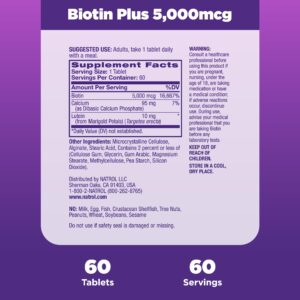 Natrol Beauty Biotin Plus Lutein 5,000 mcg, Dietary Supplement to Support Healthy Hair, Skin and Nails, 60 Beauty Tablets for Adults, 60 Day Supply