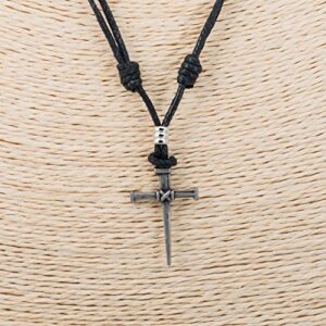 BlueRica Nail & Cross on Adjustable Black Cord Necklace (Old Silver Finish)