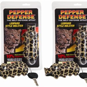 Pepper Defense 1/2 oz. Pepper Spray with Grip Holster and Keychain Attachment - Safety Twist Lock Glow Trigger - Maximum Strength 10% OC Formula - Self Defense Personal Protection (Leopard 4-Pack)