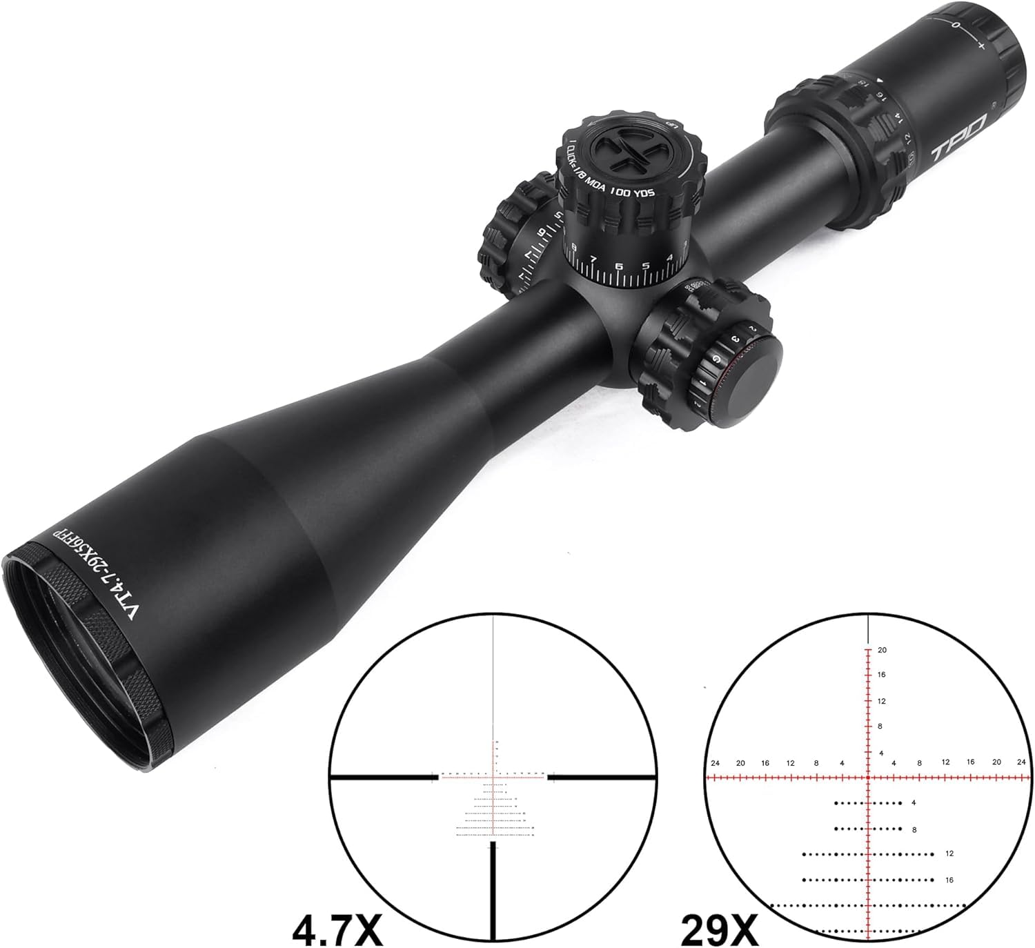 Sniper VT4.7-29X56FFP 35mm Tube First Focal Plane Rifle Scope, Side Parallax Adjustment