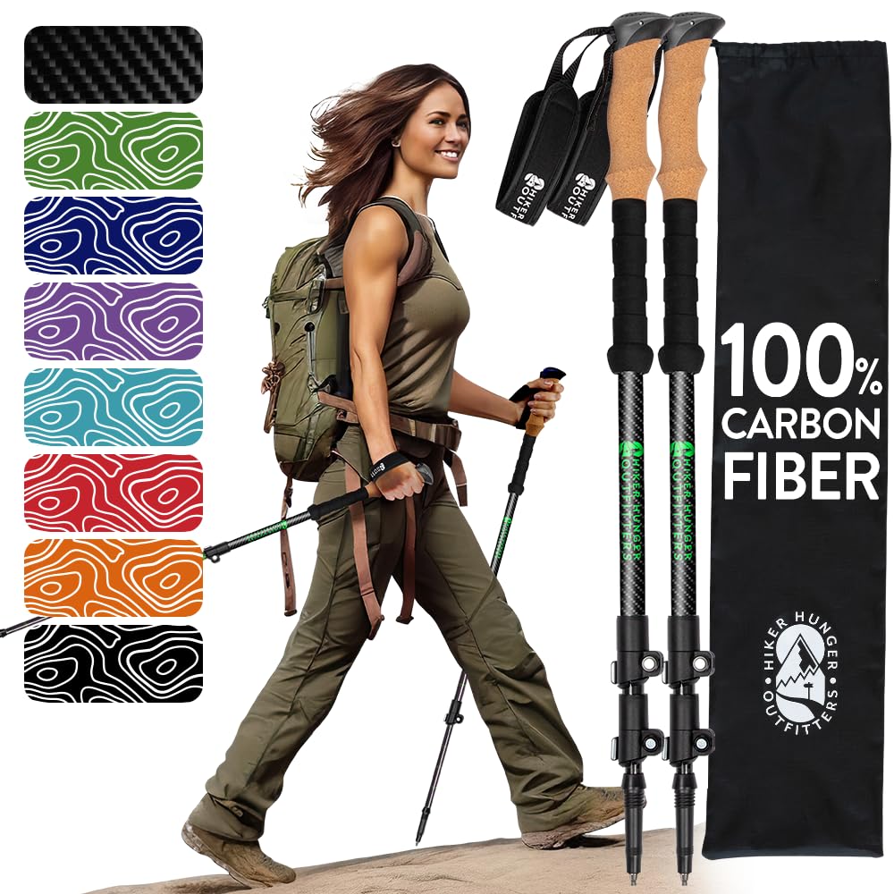 Hiker Hunger Carbon Fiber Trekking Poles | Collapsible Walking Sticks for Travel | Walking Poles for Women | Hiking Poles for Men | Hiking Sticks | Walking Stick - 3k Black & Green Cork