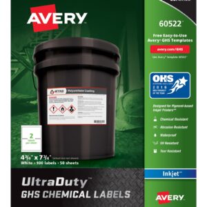 Avery UltraDuty GHS Chemical Labels for Pigment Inkjet Printers, Waterproof, UV Resistant, 4.8 x 7.8 (60522)