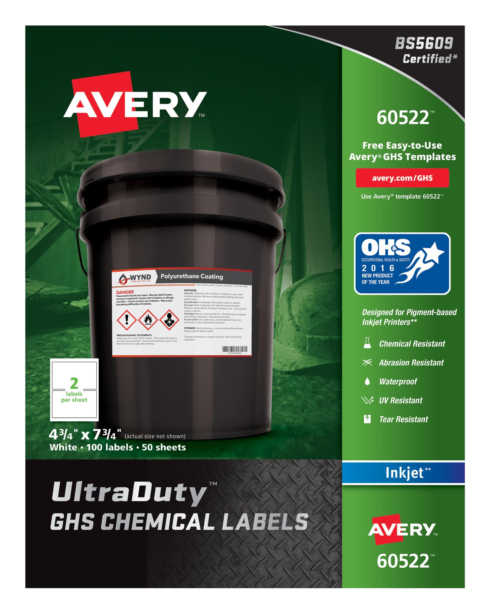 Avery UltraDuty GHS Chemical Labels for Pigment Inkjet Printers, Waterproof, UV Resistant, 4.8 x 7.8 (60522)