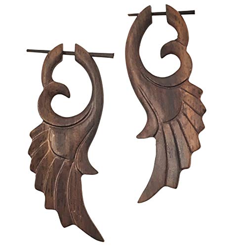 UMBRELLALABORATORY Tribal Organics Earrings Wooden Tropical Feathered Style Fake Gauges