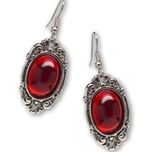 Gothic Blood Red Cabochon Dangle Earrings In Silver Finish Pewter Frame