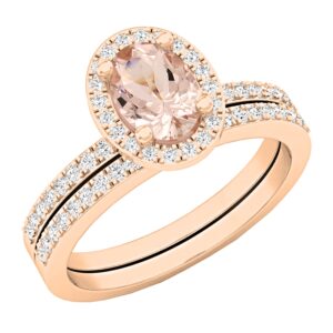 Dazzlingrock Collection 7x5mm Oval Morganite & Round White Diamond Halo Style Engagement Ring Set for Her (Diamond 0.44 ctw, Color I-J, Clarity I1-I3) in 10K Rose Gold Size 6