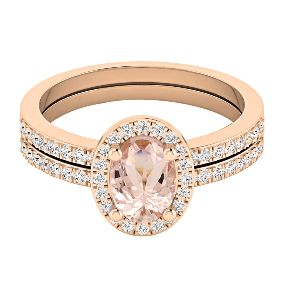 Dazzlingrock Collection 7x5mm Oval Morganite & Round White Diamond Halo Style Engagement Ring Set for Her (Diamond 0.44 ctw, Color I-J, Clarity I1-I3) in 10K Rose Gold Size 6