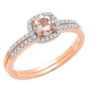 Dazzlingrock Collection 10K 5 MM Round Morganite & Diamond Bridal Halo Engagement Ring Set, Rose Gold, Size 8