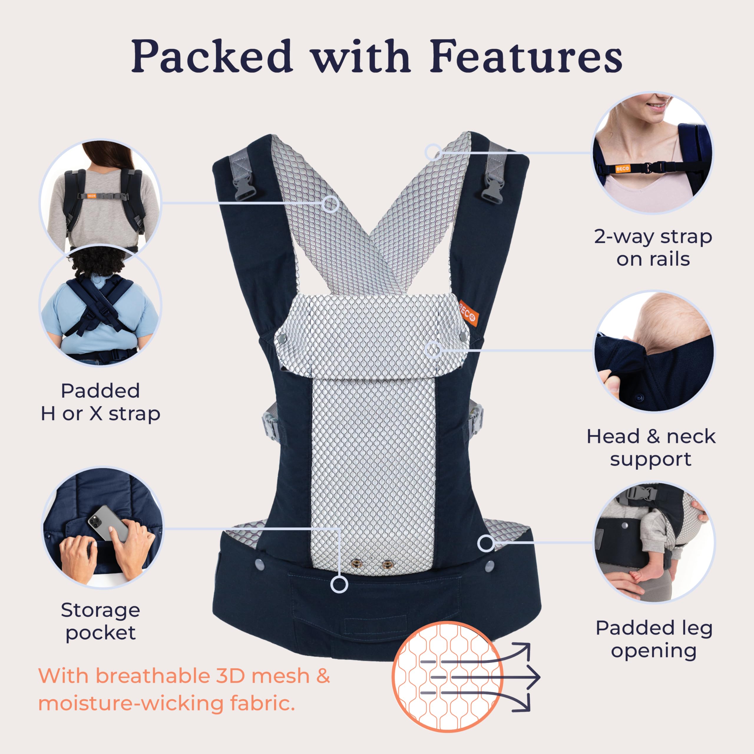 Beco Baby Carrier Gemini Newborn to Toddler - Front, Back and Hip Seat Carrier, Baby Carrier Backpack & Baby Front Carrier with Adjustable Seat, Ergonomic Baby Holder Carrier 7-35lbs (Cool Navy)