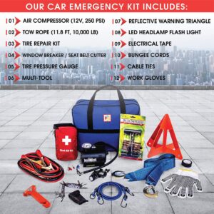 FIRST SECURE 90 Piece Car Emergency Roadside Kit Tool Set w/Safety Kit for Women & Men - Essential Safety & Survival Assistance Kit for Travel, Camping, Road Trip, Truck, SUV