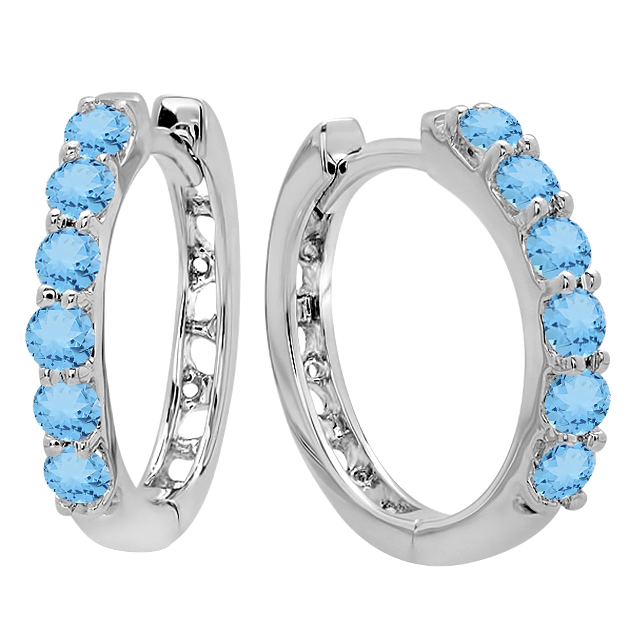 Dazzlingrock Collection Round Blue Topaz Single Row Huggies Hoop Earrings for Women in 14K Solid White Gold