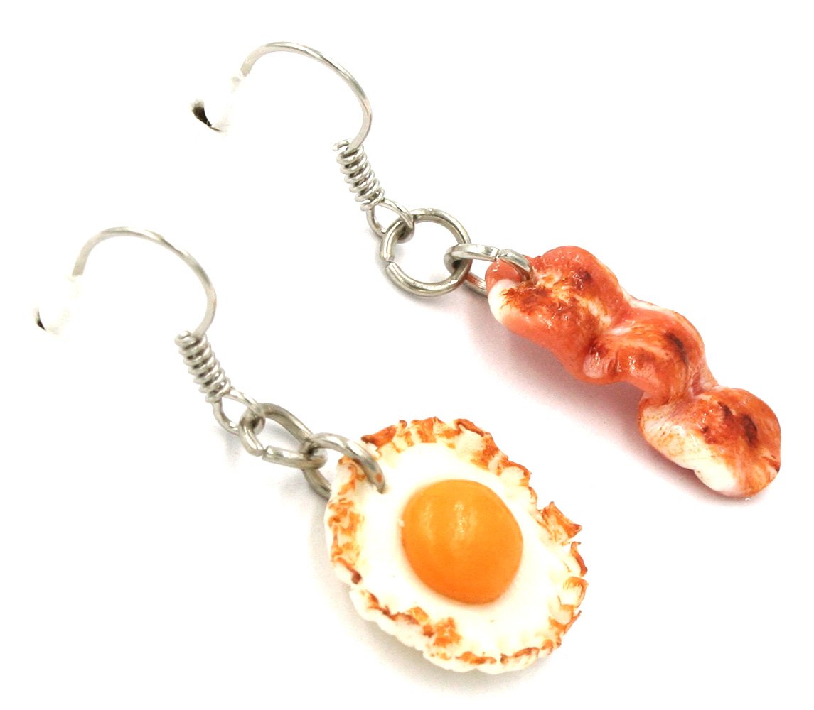 Polymer Clay Handmade Fried Bacon with Sunny Side up Egg Earrings