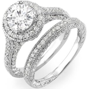 Dazzlingrock Collection 14K Round Moissanite & White Diamond Ladies Halo Bridal Engagement Ring Set, White Gold, Size 10