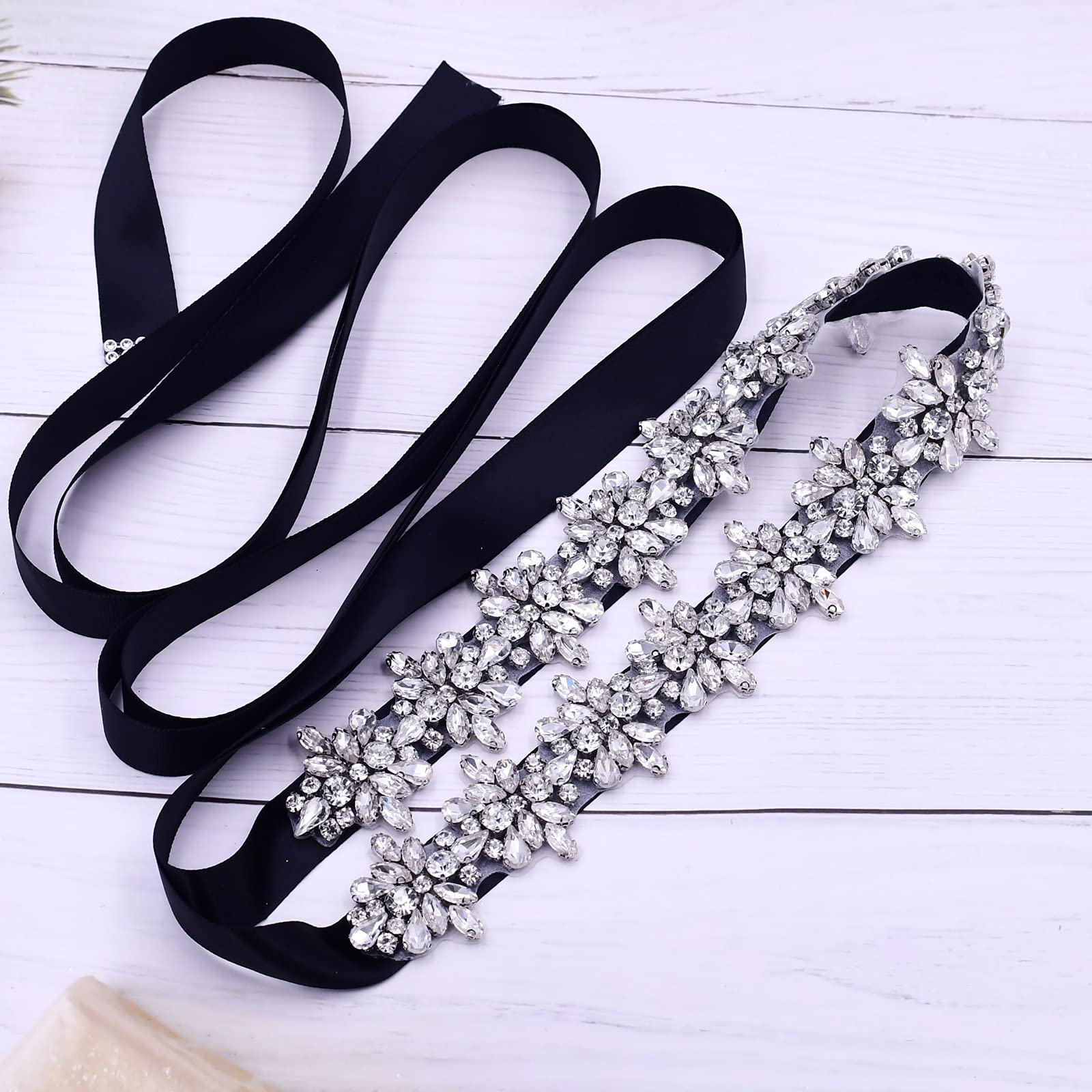 Top Queen Women's Crystal Diamond Bridal Belt Sashes Wedding Belts Sash for Wedding, Black, One Size