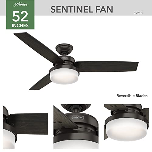 Hunter Fan Company Sentinel 52-inch Indoor Premier Bronze Modern Ceiling Fan With Bright LED Light Kit, Remote Control, and Reversible WhisperWind Motor Included