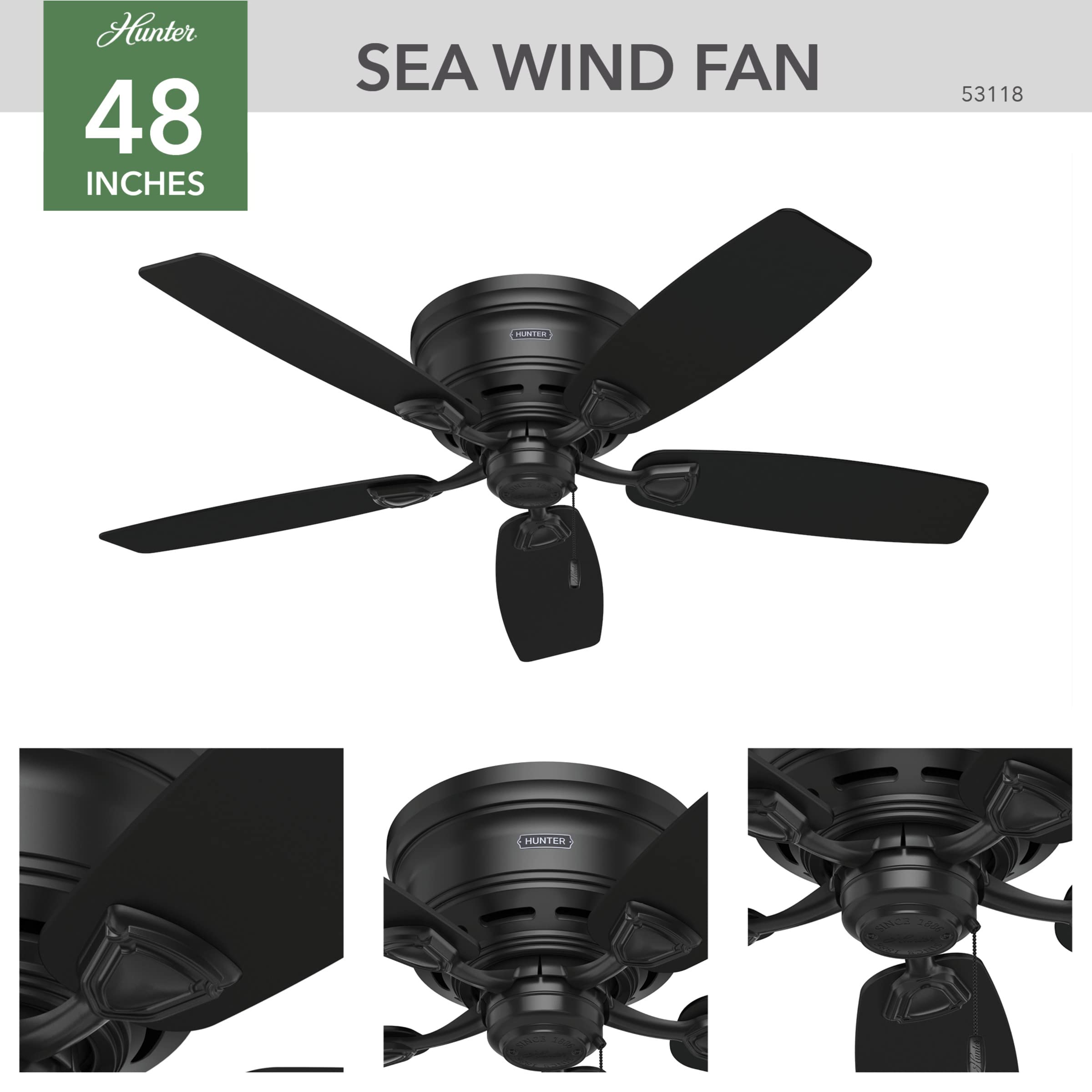 Hunter Fan Company 53118 Hunter 48" Sea Wind Indoor/Outdoor Low Profile Ceiling Fan, Matte Black Finish