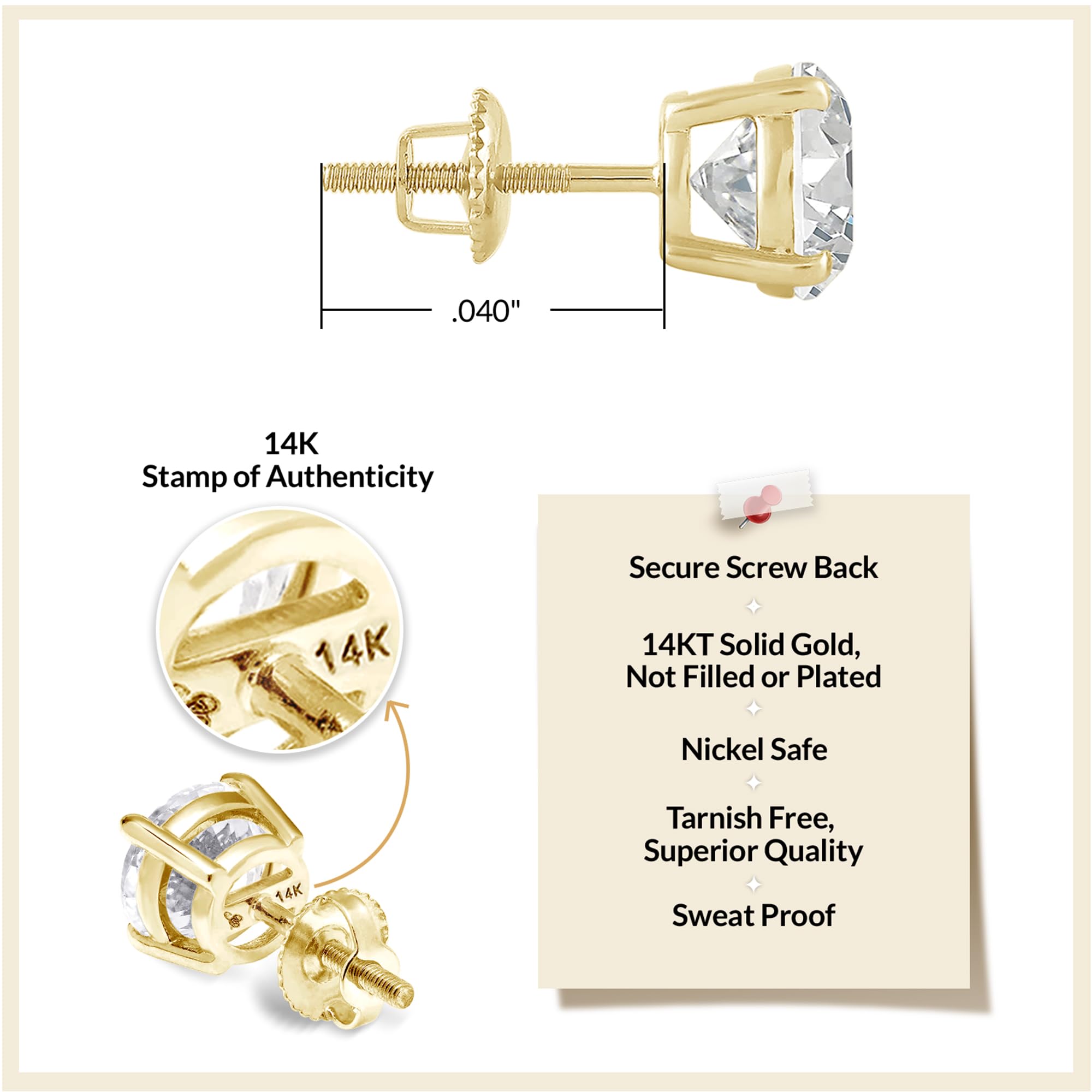 Everyday Elegance Solid 14K Yellow Gold Cubic Zirconia Stud Earrings for Women in Round Cut | Screw Back Earring | 2 CTW CZ | With Gift Box