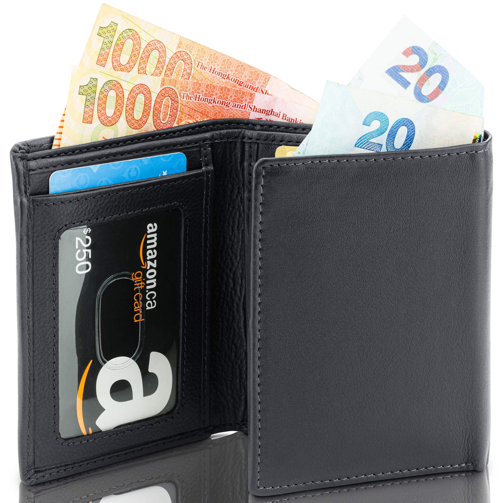 Leather Trifold Wallets for Men - RFID Blocking - Mens Trifold Wallet in Black