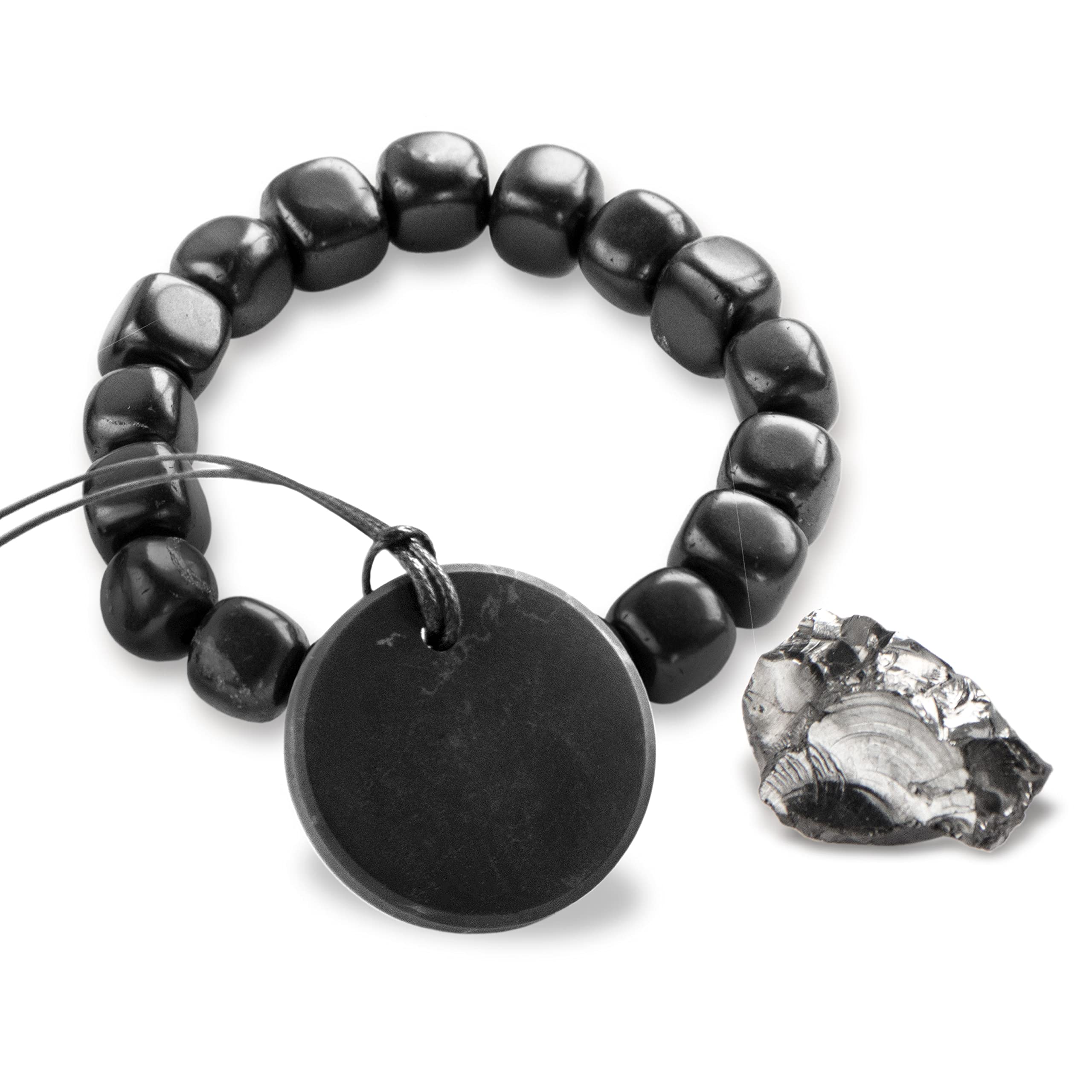 Karelian Heritage Genuine Regular Shungite Tumbled Bracelet, Round Pendant, and Elite Stone | Defender Shield Protection Stone Set | Spiritual Healing Crystal Chakra Balance Reiki Meditation S012