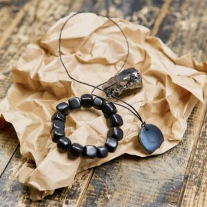 Karelian Heritage Genuine Regular Shungite Tumbled Bracelet, Round Pendant, and Elite Stone | Defender Shield Protection Stone Set | Spiritual Healing Crystal Chakra Balance Reiki Meditation S012