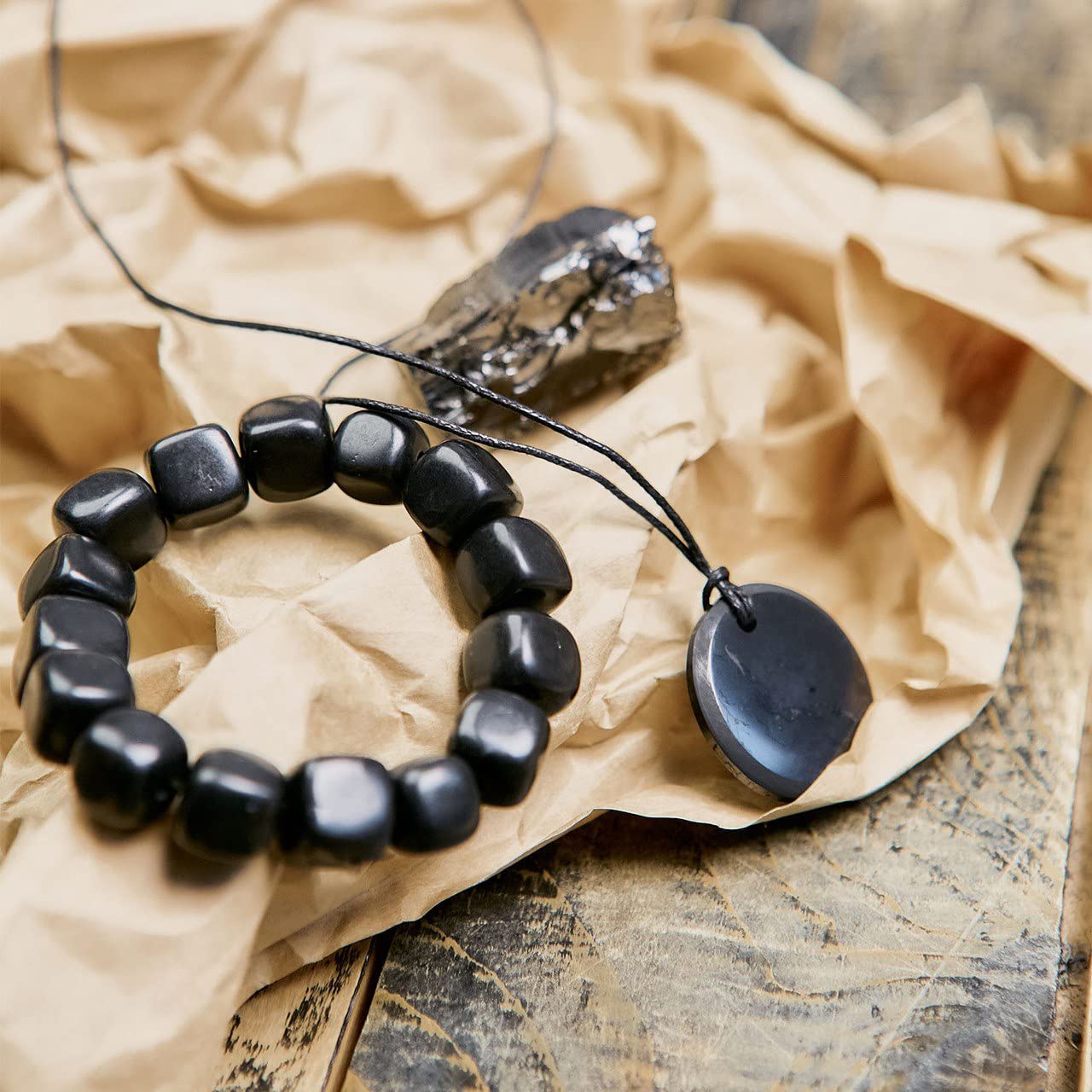 Karelian Heritage Genuine Regular Shungite Tumbled Bracelet, Round Pendant, and Elite Stone | Defender Shield Protection Stone Set | Spiritual Healing Crystal Chakra Balance Reiki Meditation S012