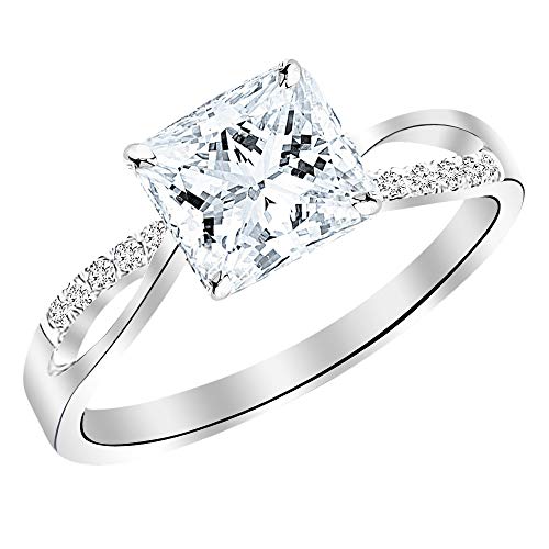 1.58 Carat t.w. 14K White Gold Elegant Twisting Split Shank Diamond Engagement Ring with a 1.5 Ct Forever One Princess Moissanite Center