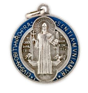 st. benedict medal with blue and red enamel | patron saint of students and europe | great catholic gift for first holy communion and confirmation | made in italy