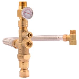 cash acme 3/4 inch tank booster water heater with thermostatic mixing valve, temperature gauge, braided hose, domestic and commercial application, pex pipe, pe-rt, cpvc, copper, 24644