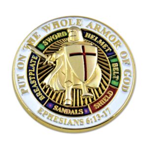 knights templar put on the whole armor of god round masonic lapel pin - [white & gold][1'' diameter]