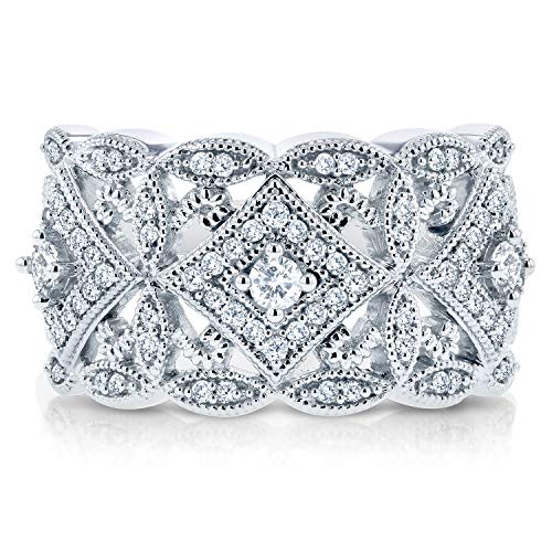 Kobelli Diamond Antique Style Filigree Wide Anniversary Ring 1/2 carat (ctw) in 10K White Gold, Size 10, White Gold