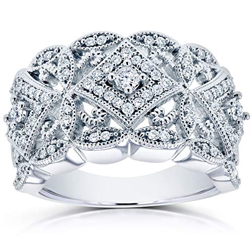 Kobelli Diamond Antique Style Filigree Wide Anniversary Ring 1/2 carat (ctw) in 10K White Gold, Size 10, White Gold