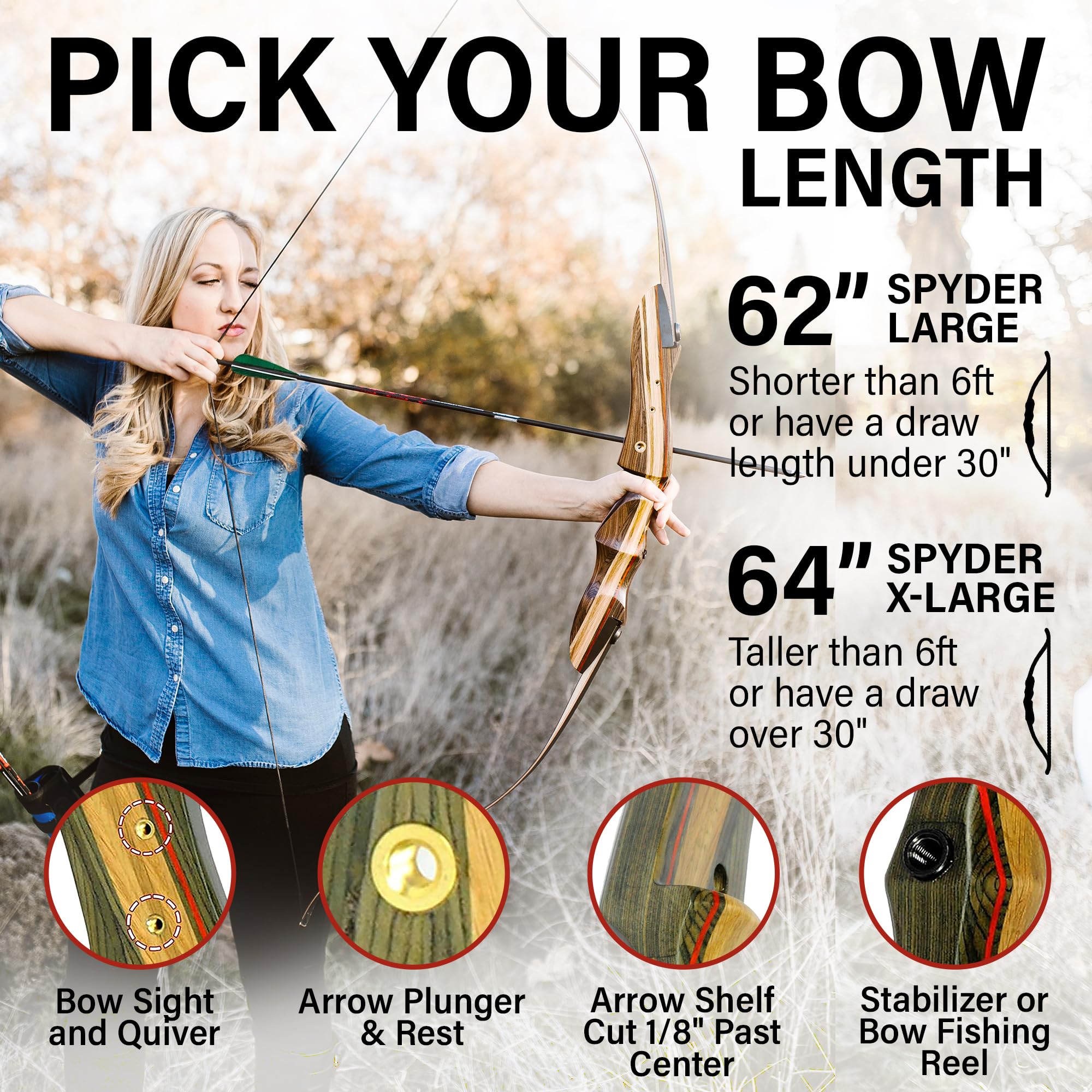 Spyder Takedown Recurve Bow - Hunting & Target Bow - Fast, Accurate, Versatile - Handcrafted Riser - Fiber Glass Maple Limbs - 62" Right Hand, 45lb with Stringer Tool