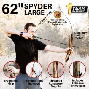 Spyder Takedown Recurve Bow - Hunting & Target Bow - Fast, Accurate, Versatile - Handcrafted Riser - Fiber Glass Maple Limbs - 62" Right Hand, 45lb with Stringer Tool